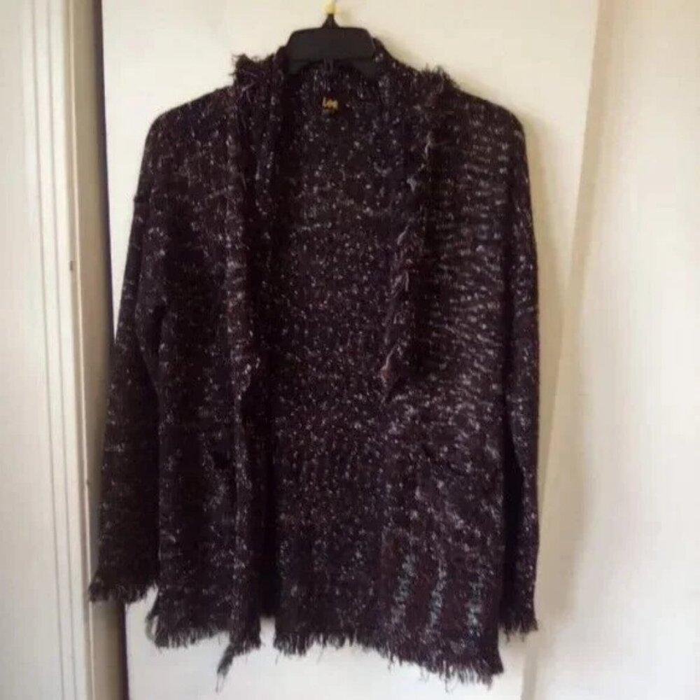 Lee Black Marled Open Front Fringe Cardigan Sweater Women’s Size M Cozy Textured